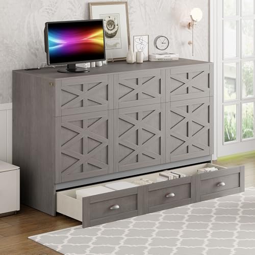 Full Size Solid Pine Murphy Bed with USB and Storage Drawer R627083