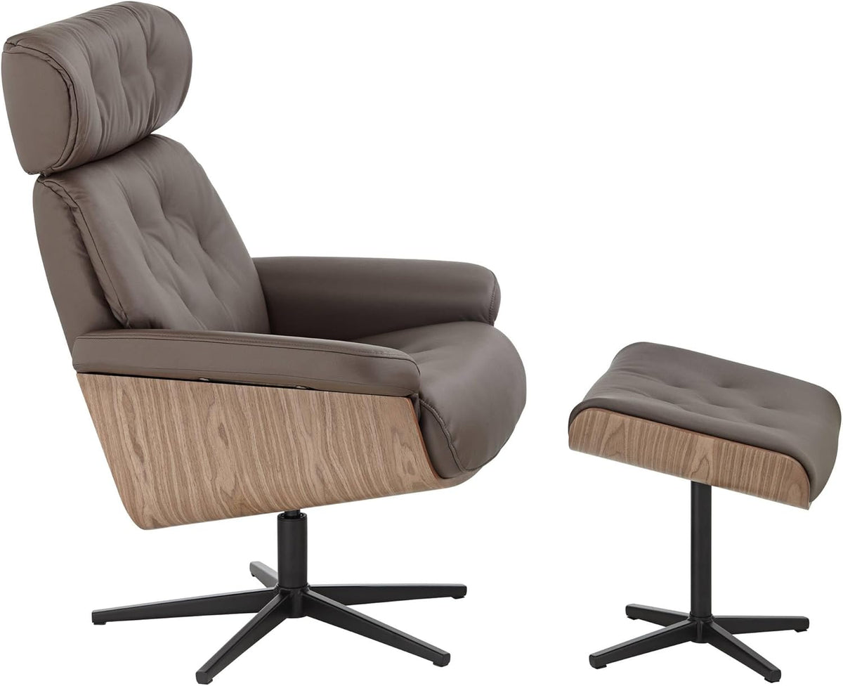Chocolate Tufted Faux Leather Swivel Recliner and Slanted Ottoman L719924