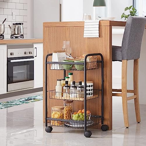 Black 3-Tier Metal Rolling Cart with Baskets and Lockable Handles D289