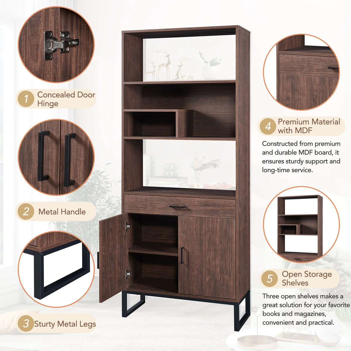 76" Wooden Bookshelf with Doors, Storage Drawer and LED Strip Lights F127192