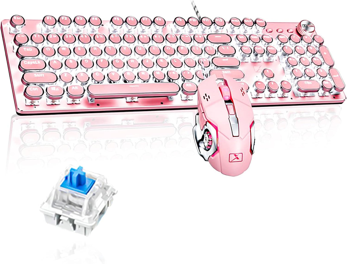 Pink Retro Typewriter-Style Wired Mechanical Keyboard with Mouse J488915