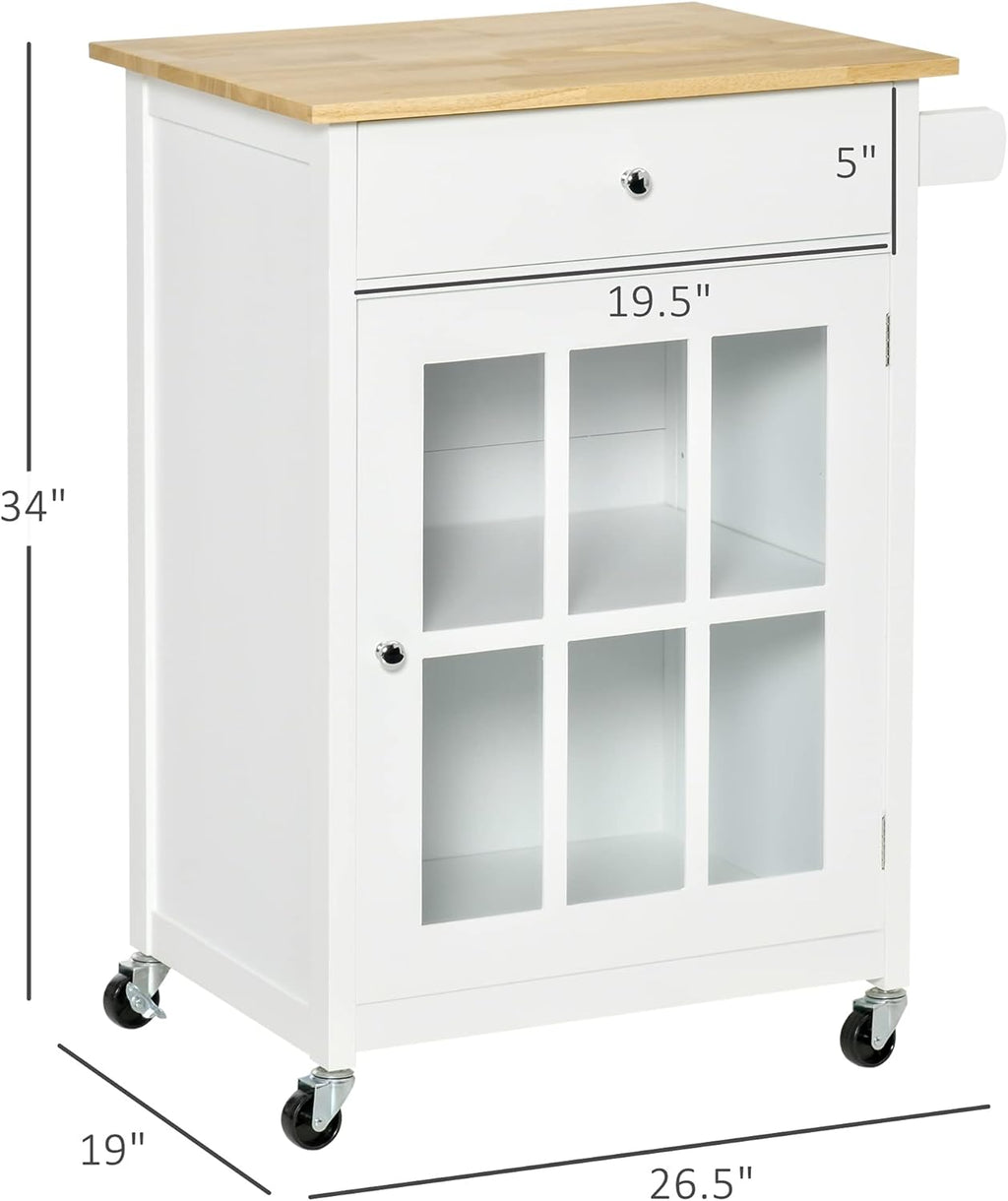 White Rolling Kitchen Island Cart with Drawer and Glass Door Cabinet X459