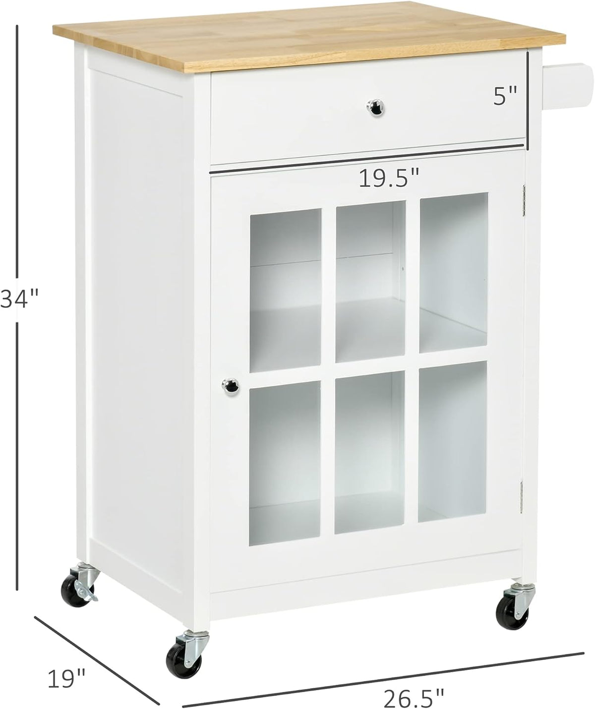 White Rolling Kitchen Island Cart with Drawer and Glass Door Cabinet X459