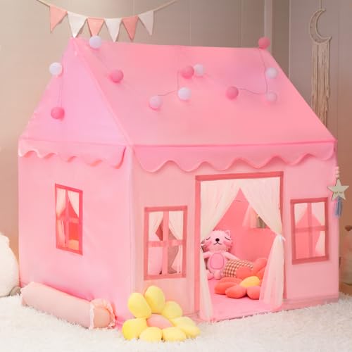 Large Kids Tent Playhouse Base Fabric with Star Lights, Flags and Tote Bags, Washable Teepee Tent, Neutral Color I4122