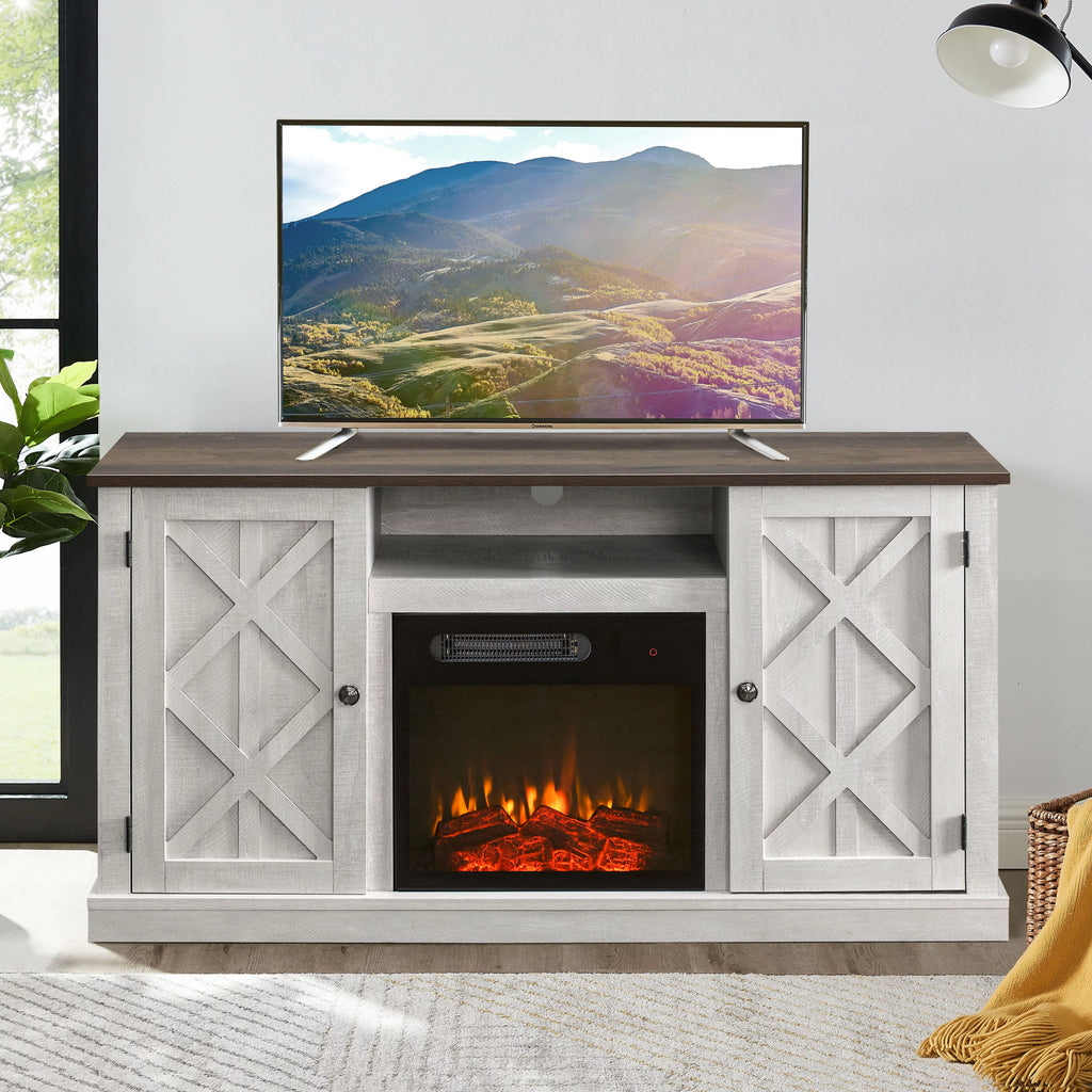 White TV Stand with Electric Fireplace Q386