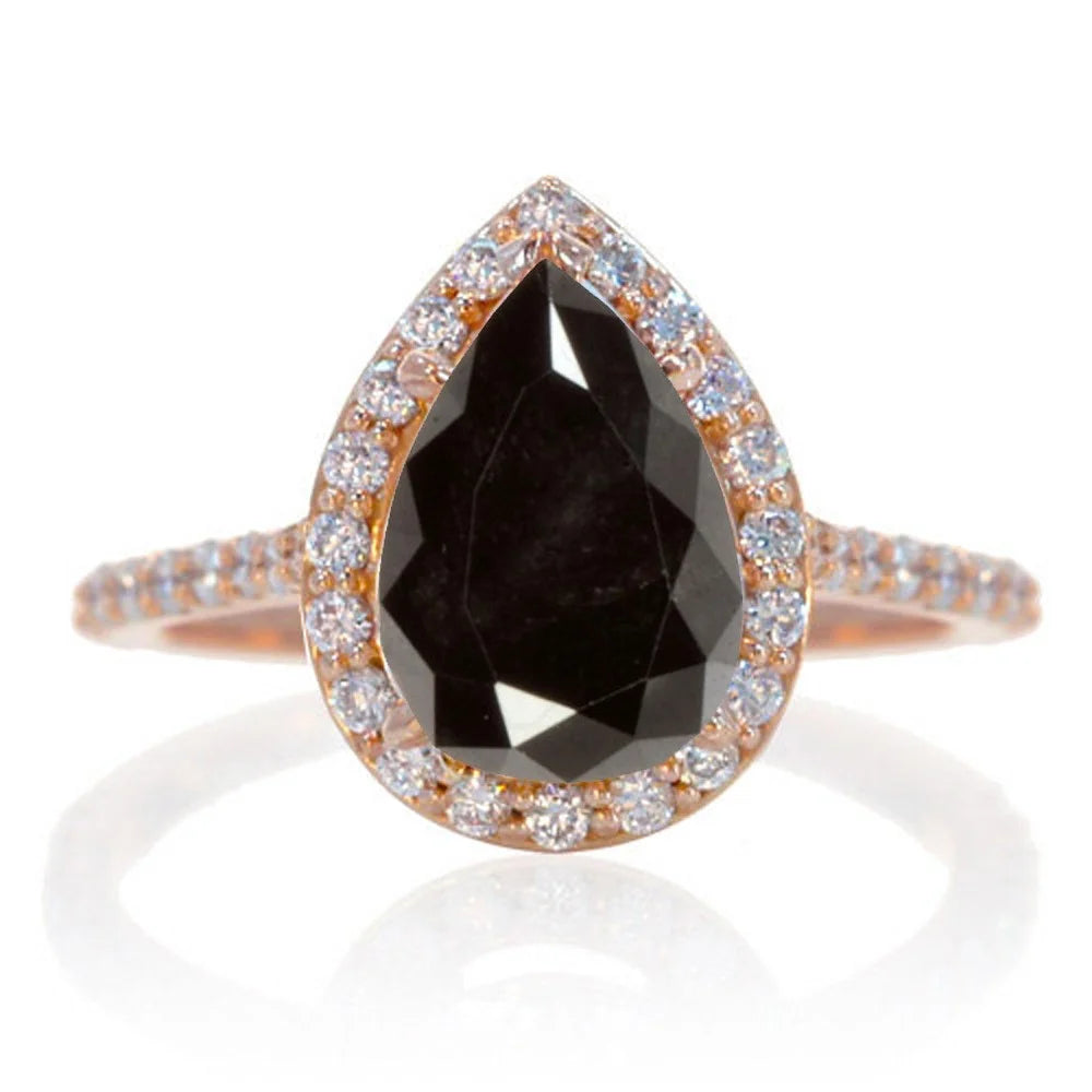 Black Diamond and Diamond Halo Bridal Ring Set on 10k Rose Gold N3164