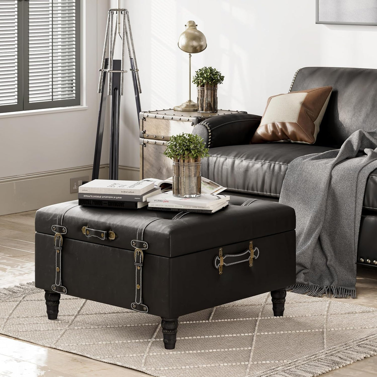 Black Faux Leather Ottoman H6758