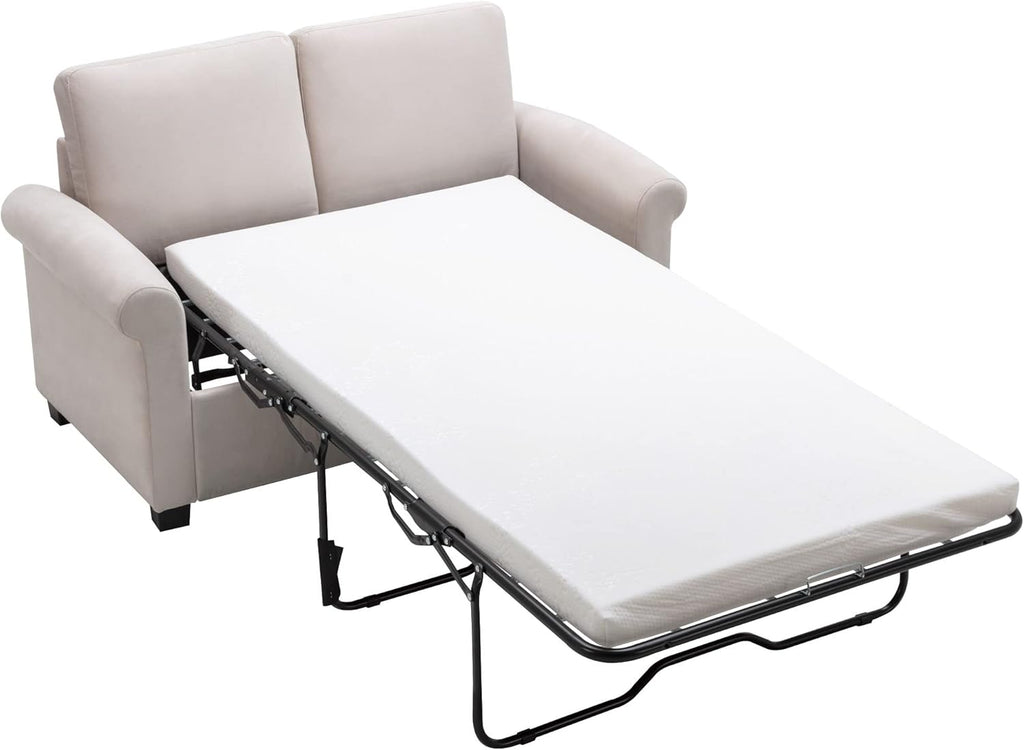 Beige White Pull Out Sofa Bed with Twin Size Mattress Pad N5144