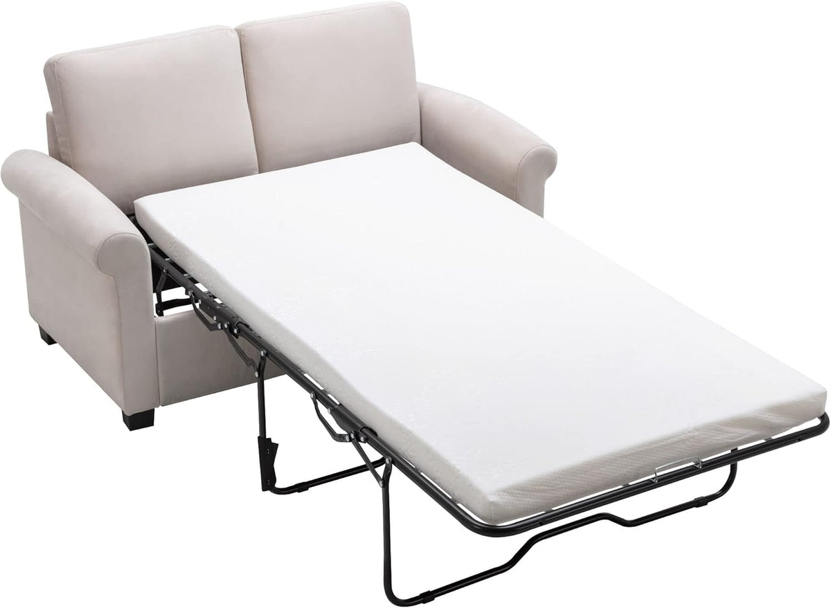 Beige White Pull Out Sofa Bed with Twin Size Mattress Pad N5144