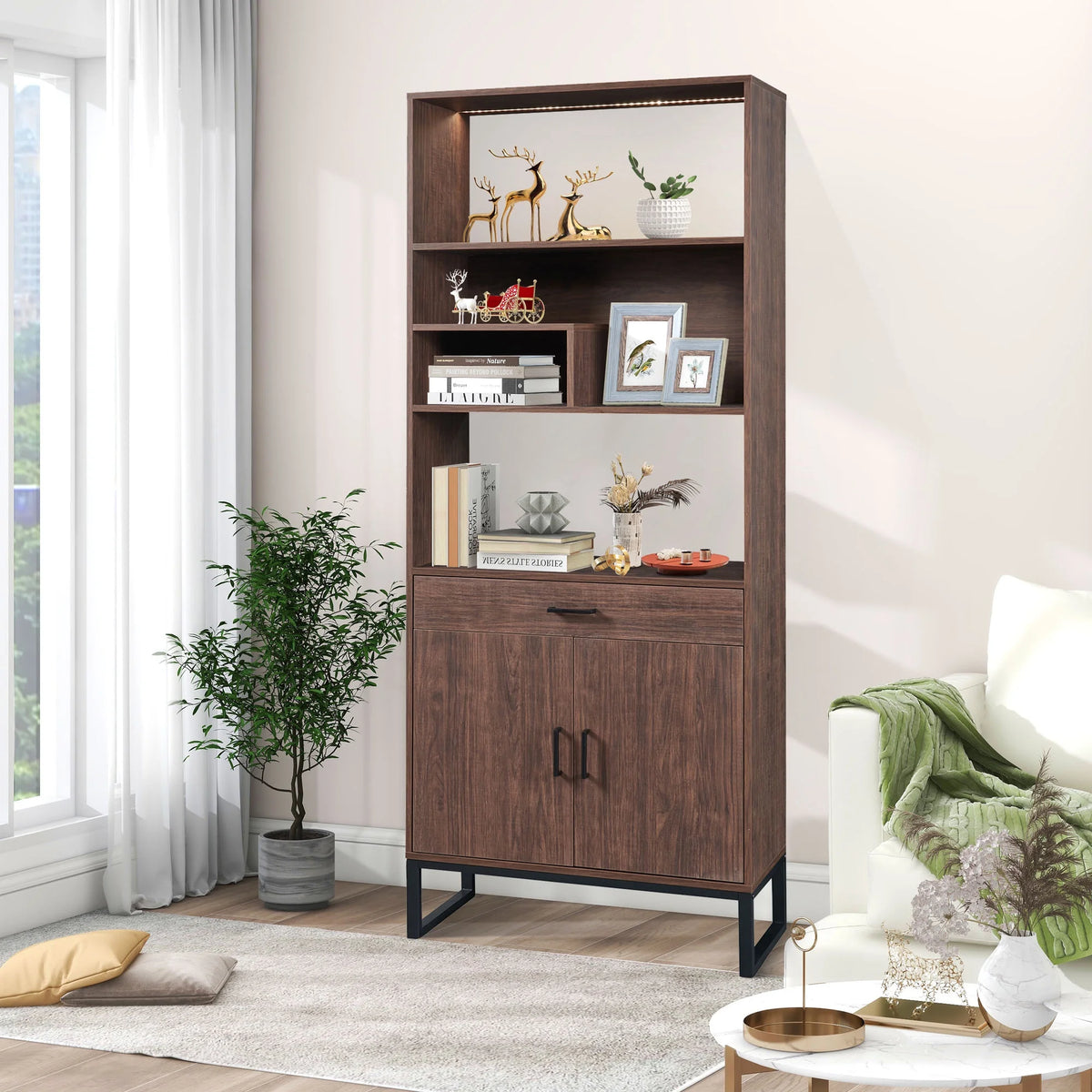 76" Wooden Bookshelf with Doors, Storage Drawer and LED Strip Lights F127192