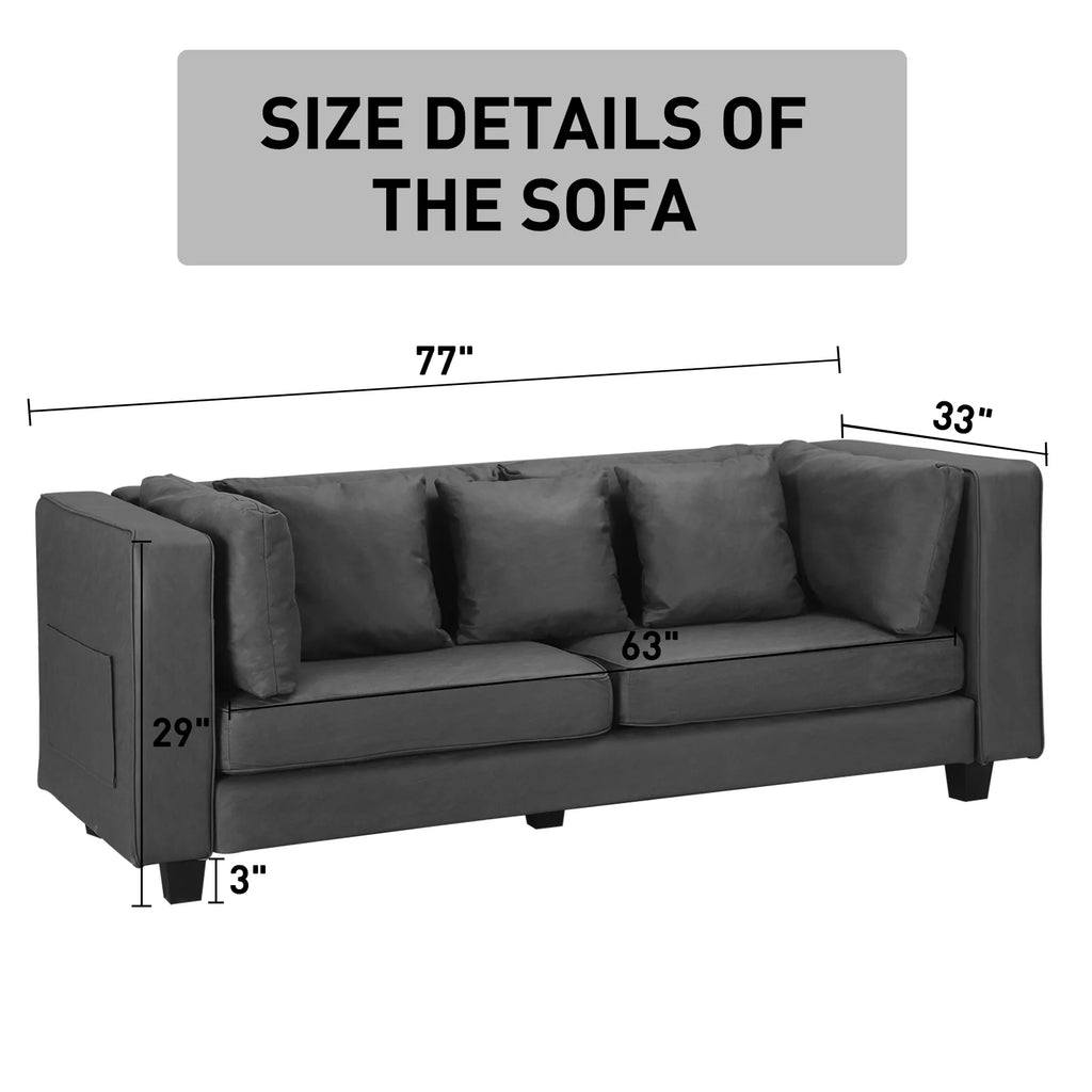 Grey Faux Leather Sofa with 5 Pillows C949