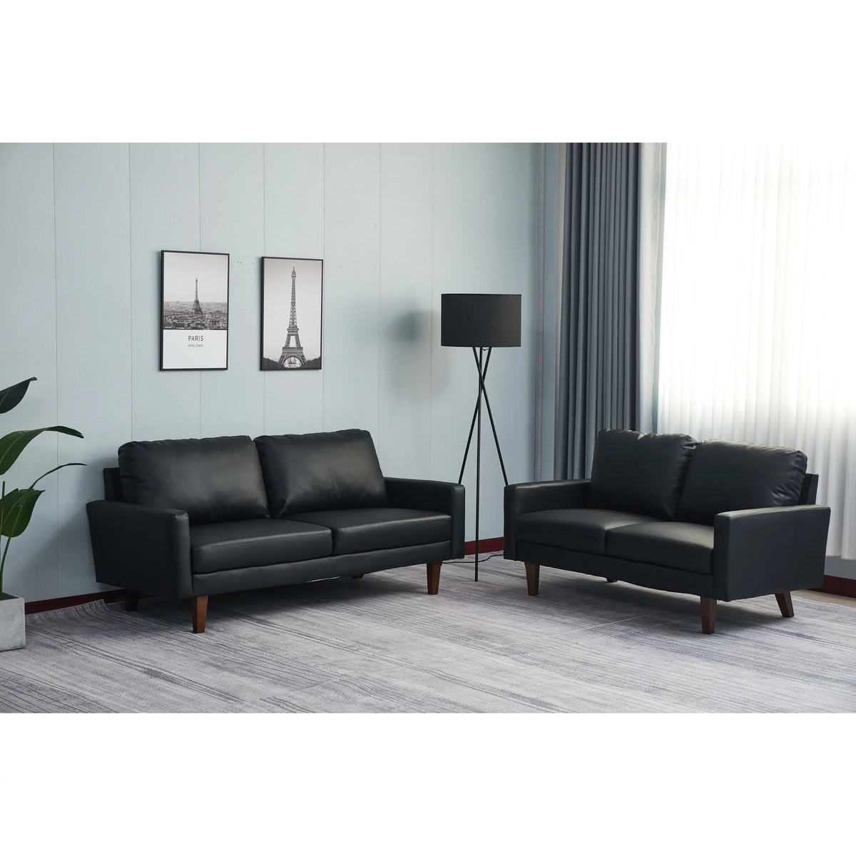 Black 2 Piece Faux Leather Loveseat and Sofa C8226