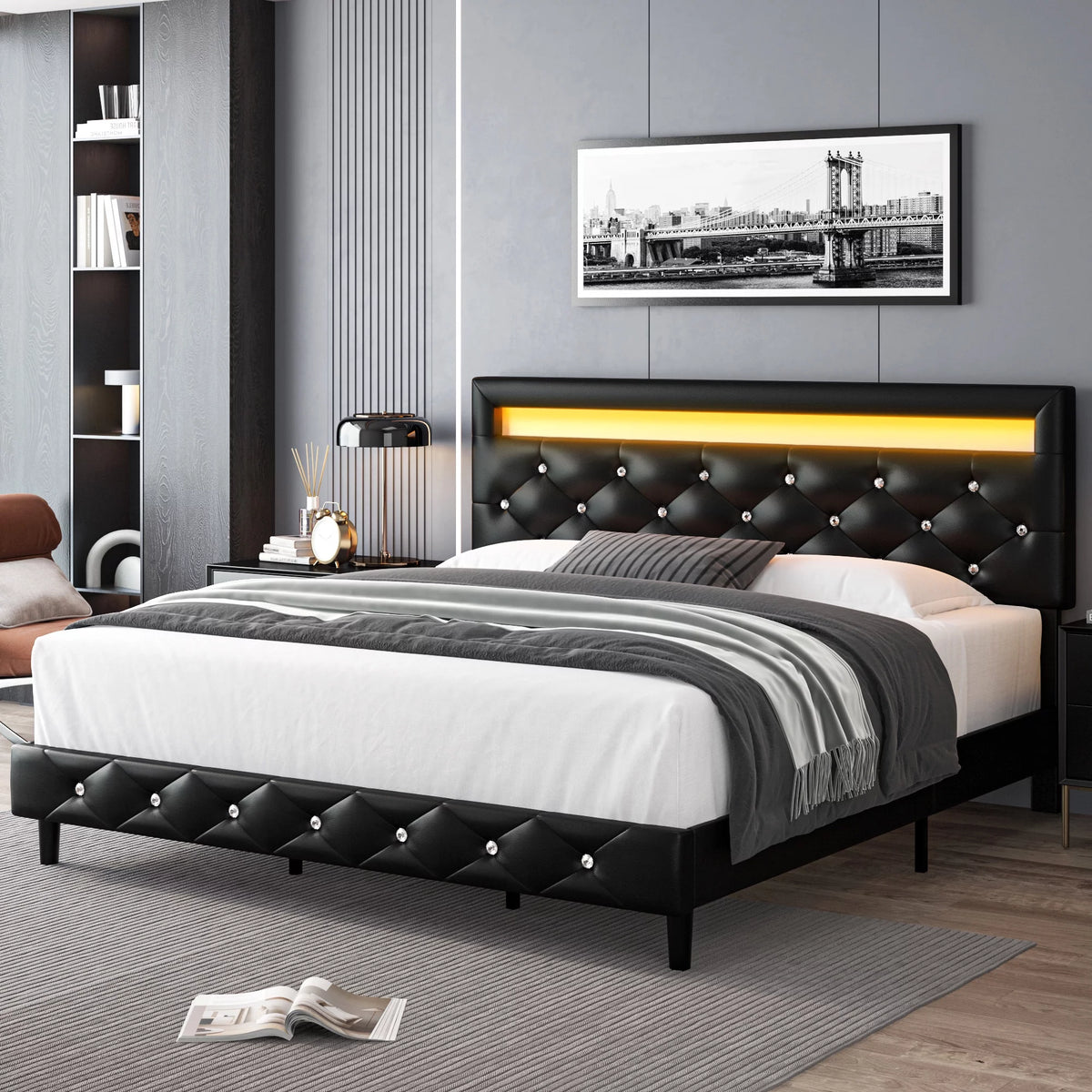Queen Size LED Upholstered Platform Bed Frame with Adjustable Headboard X884