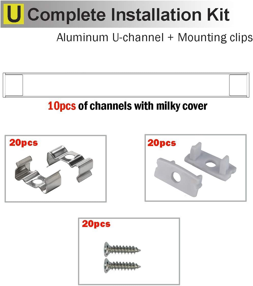 10-Pack 6.6ft U Shape LED Aluminum Channel System with Milky Cover, End Caps and Mounting Clips B905792