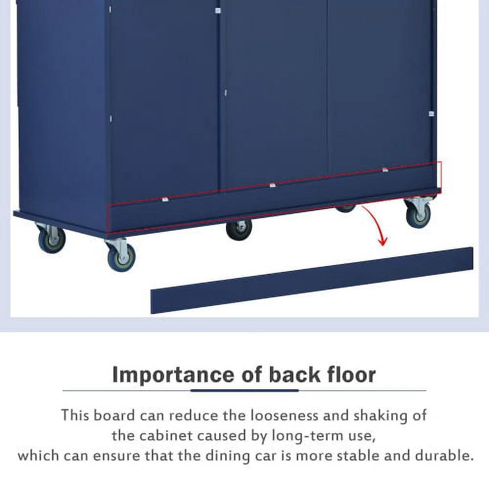 Dark Blue Rolling Mobile Kitchen Island with Solid Wood Top and Locking Wheels Y4075