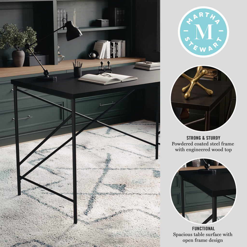 Black Wood Grain Parsons Desk with Metal X-Frame V424619