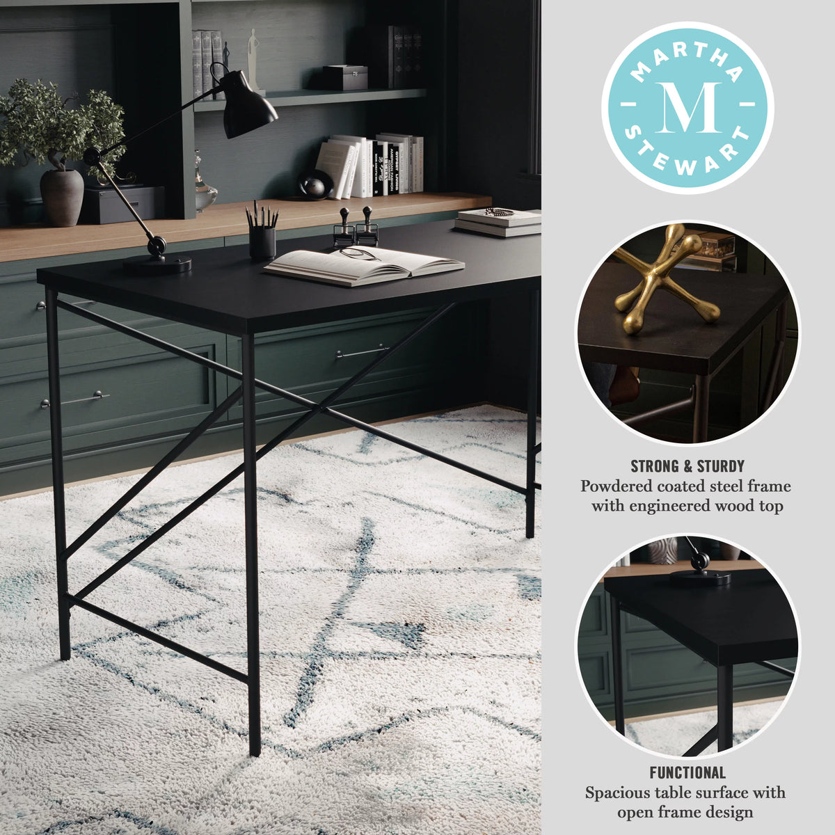 Black Wood Grain Parsons Desk with Metal X-Frame V424619