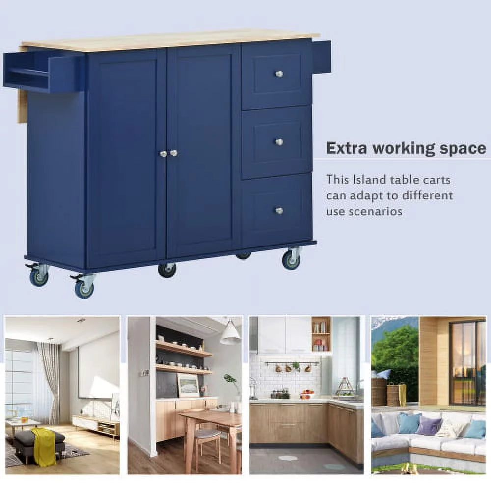 Dark Blue Rolling Mobile Kitchen Island with Solid Wood Top and Locking Wheels Y4075