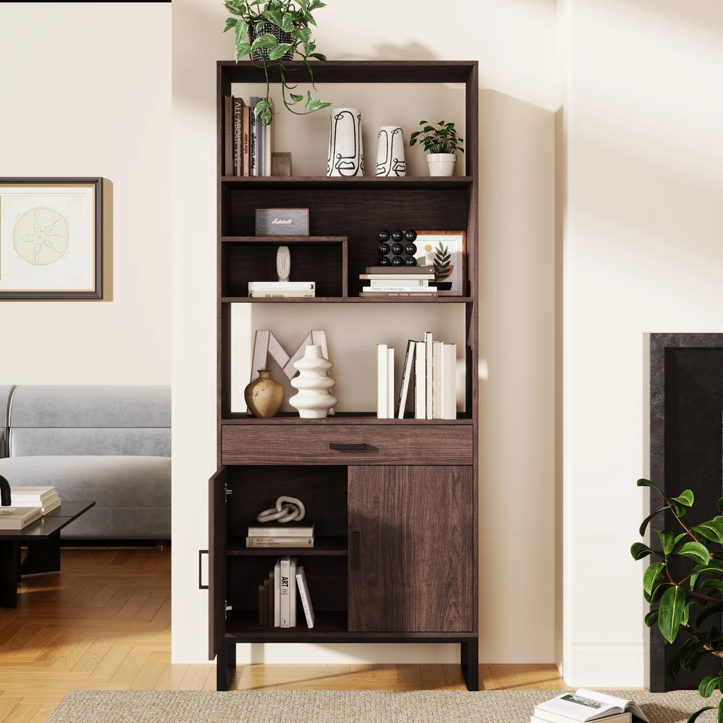 76" Wooden Bookshelf with Doors, Storage Drawer and LED Strip Lights F127192