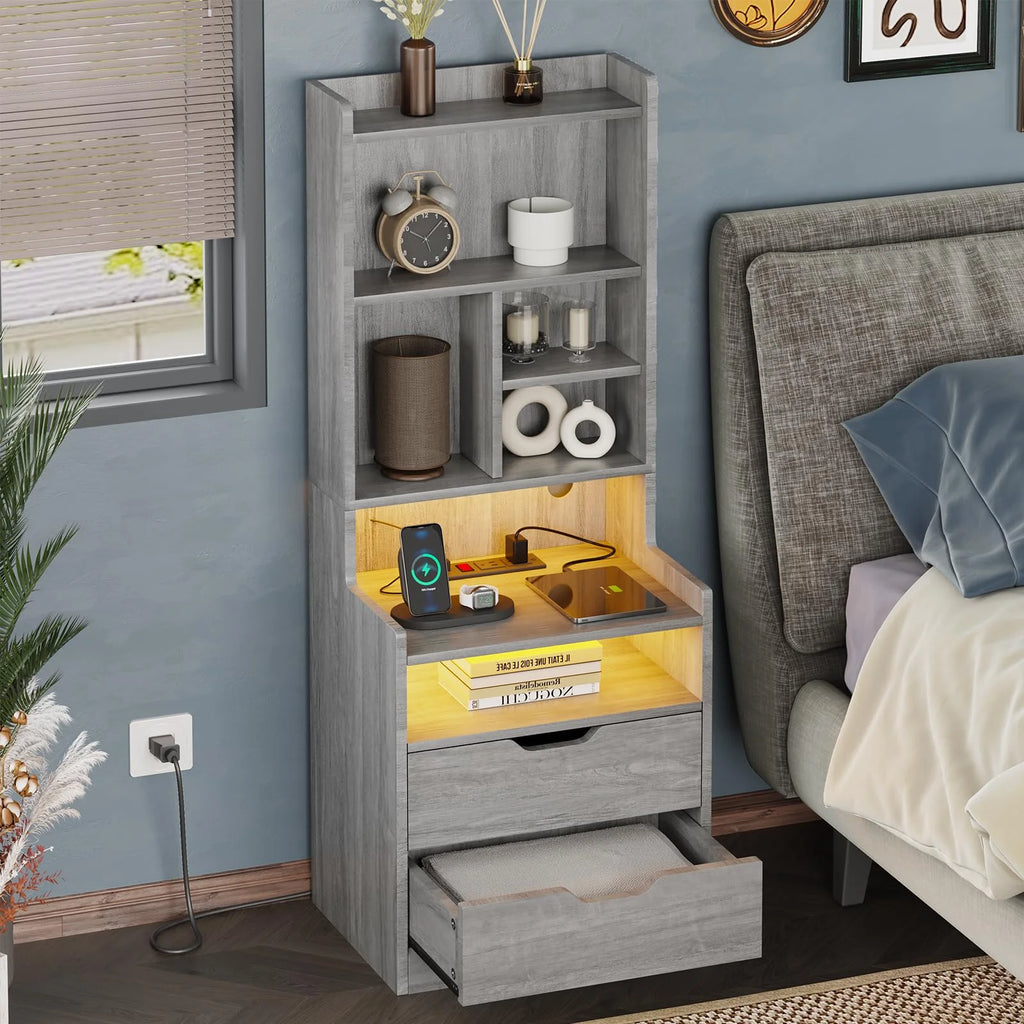 Set of 2 Gray Nightstand with Charging Station and 2 Drawers R78036
