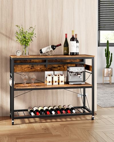 Kitchen Island with Power Outlet and Folding Top, 3-Tier Storage, Wine Rack F59695
