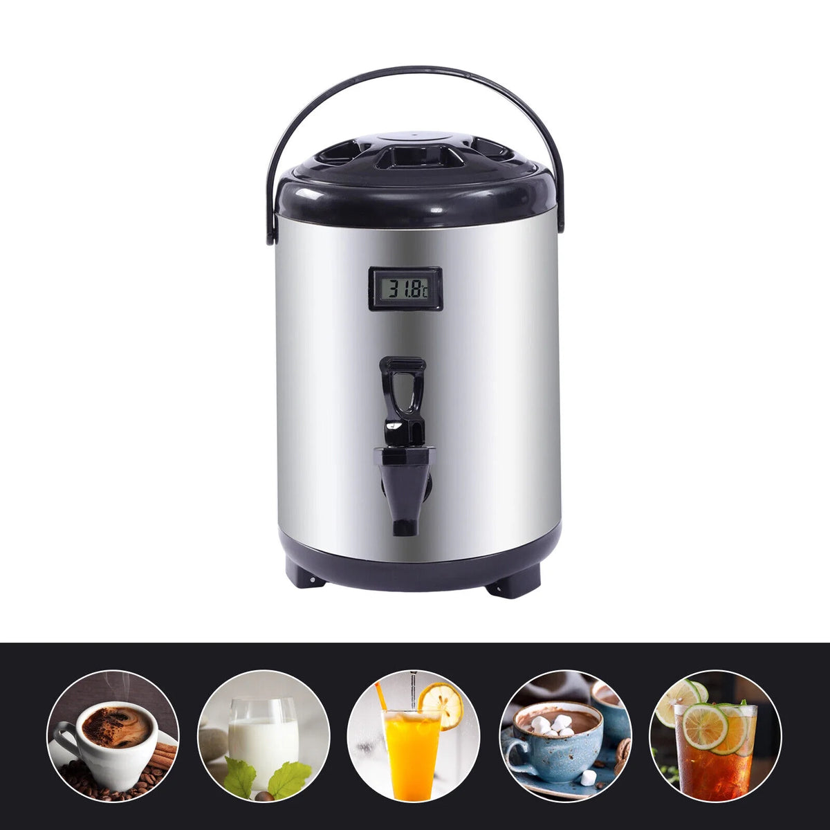 Silver Insulated Beverage Dispenser with Spigot, 2.1 gal Stainless Steel E147353
