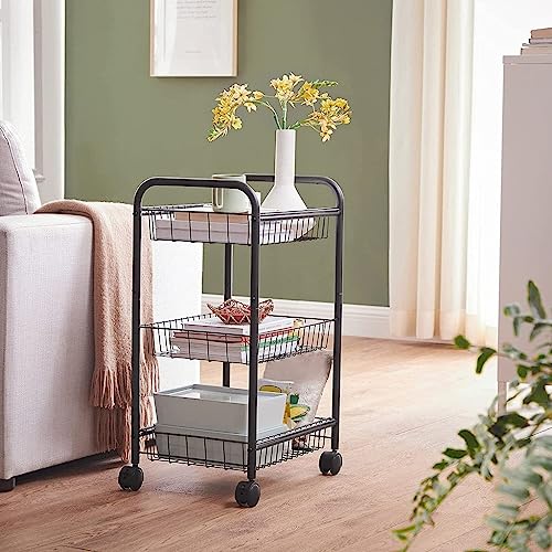 Black 3-Tier Metal Rolling Cart with Baskets and Lockable Handles D289