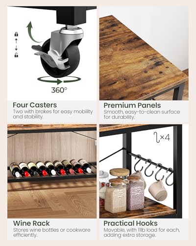 Kitchen Island with Power Outlet and Folding Top, 3-Tier Storage, Wine Rack F59695