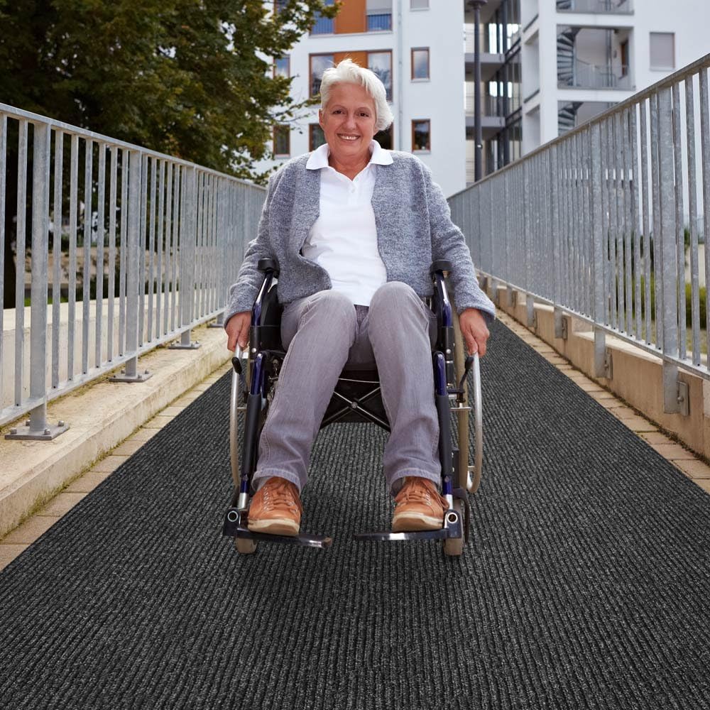 Heavy-Duty Ribbed Indoor Outdoor Carpet with Rubber Marine Backing - Charcoal Black - 6 Feet X 15 Feet A111202