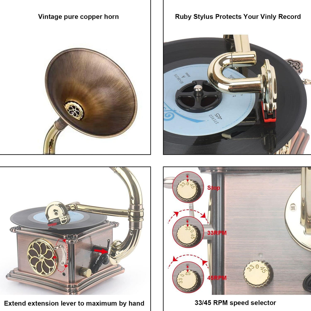 Mini Record Player with Copper Horn Aluminum Body Z5562