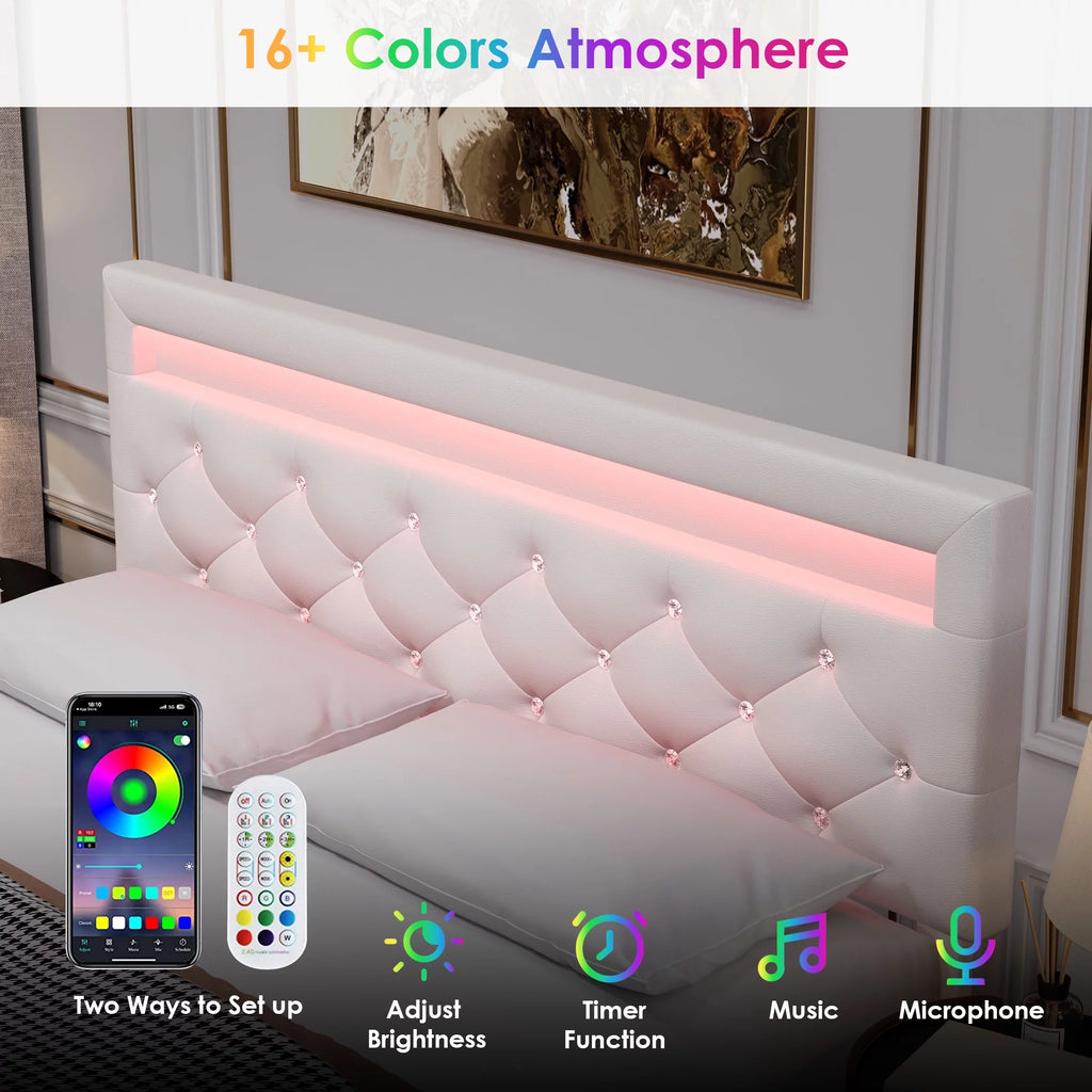 Queen Size LED Upholstered Platform Bed Frame with Adjustable Headboard X884