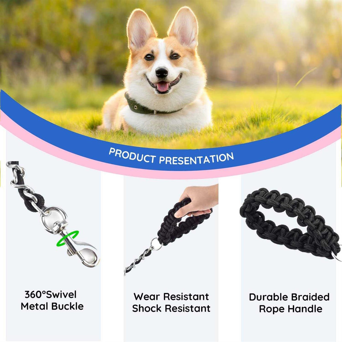 Chew Proof 5.5ft Heavy Duty Dog Leash Metal Chain Lead with Soft Rope Handle A19643