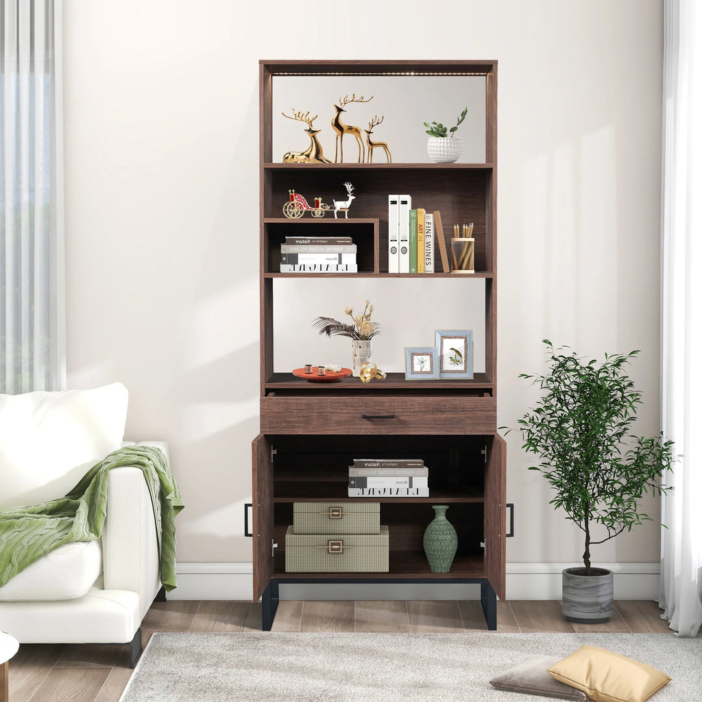 76" Wooden Bookshelf with Doors, Storage Drawer and LED Strip Lights F127192