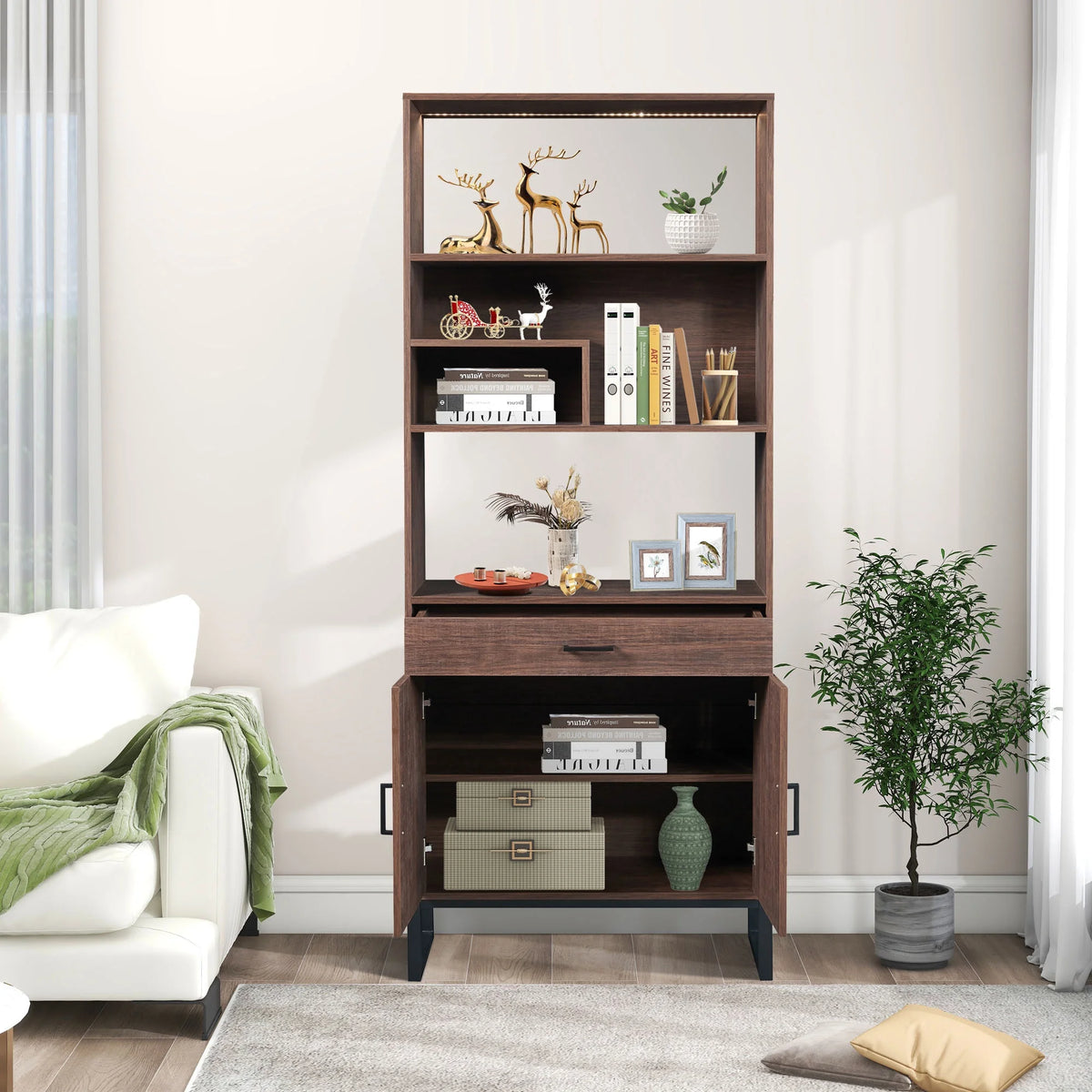 76" Wooden Bookshelf with Doors, Storage Drawer and LED Strip Lights F127192