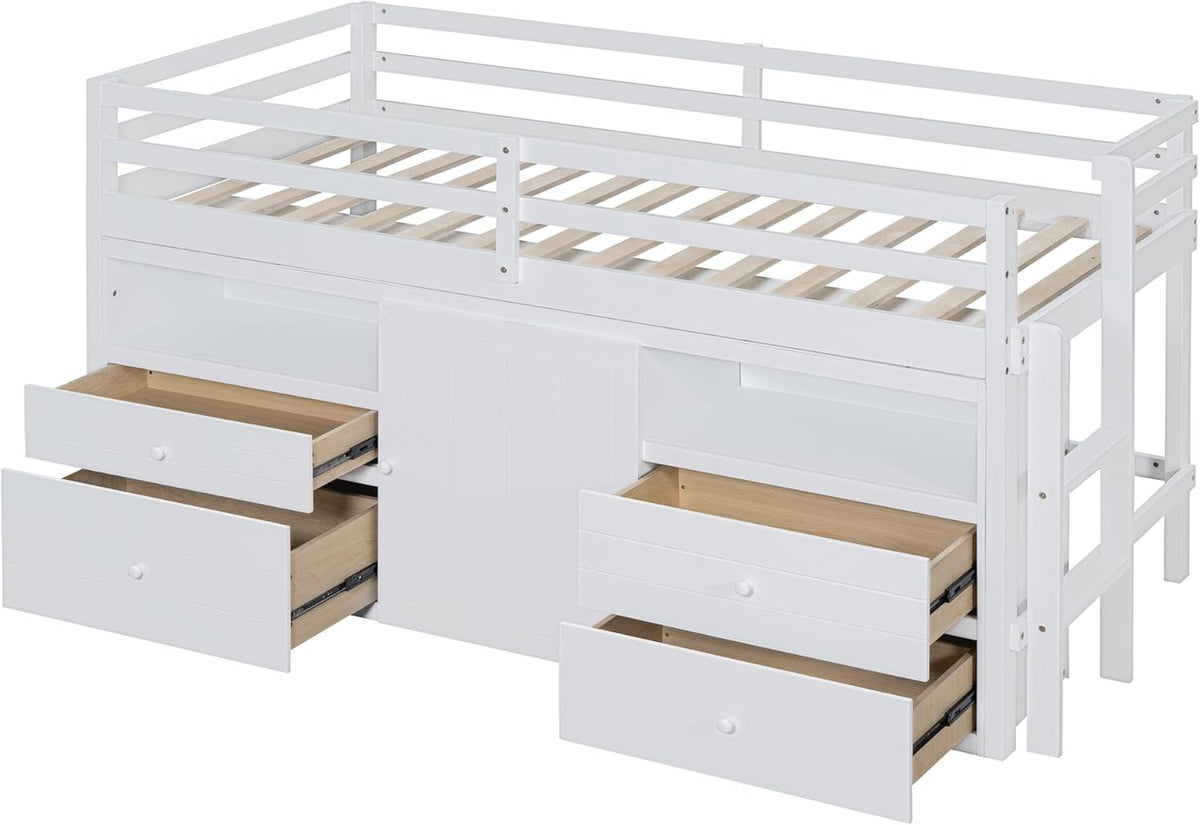 White Wooden Twin Size Loft Bed with 4 Drawers D1413