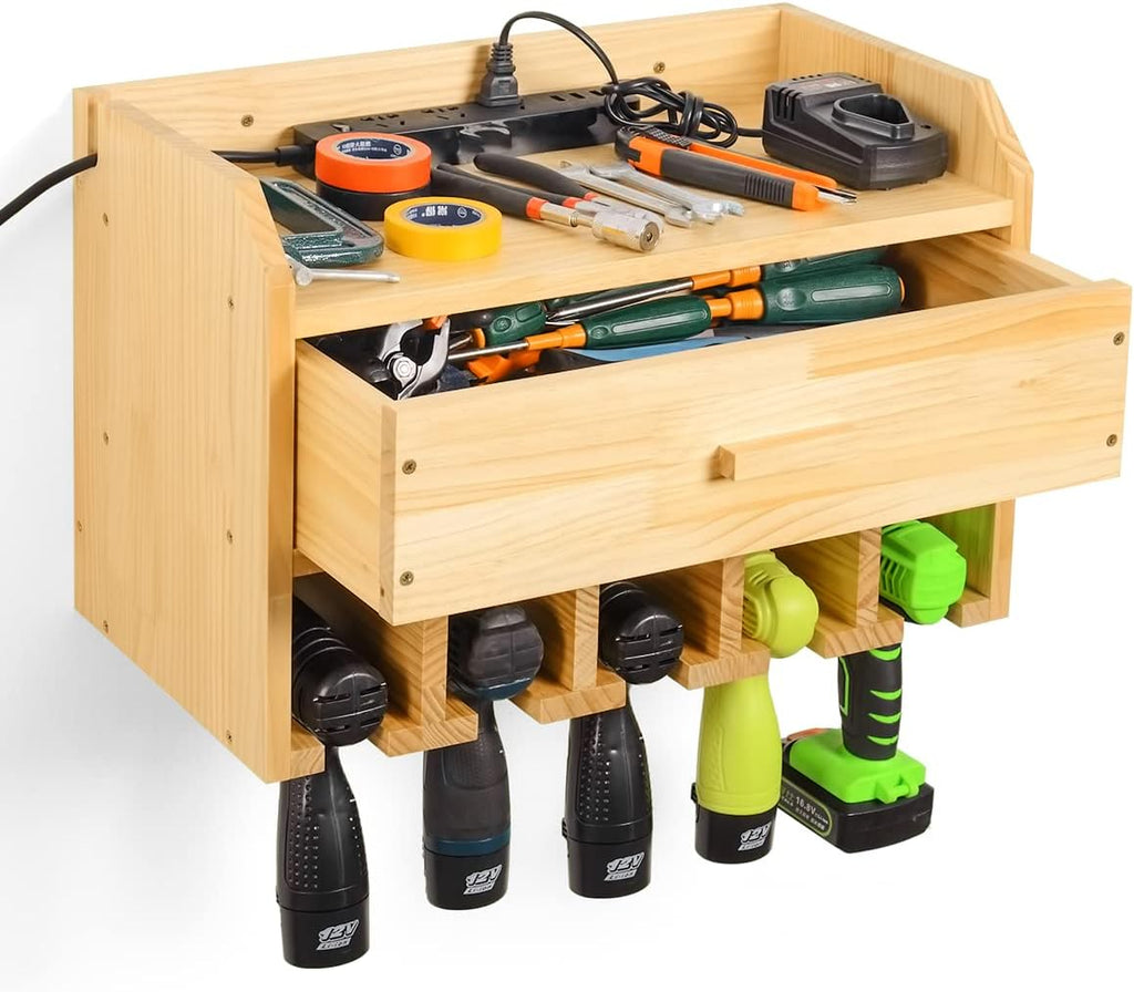 Wooden Cordless Drill Holder Rack Wall Mount with Drawer Pack of 2 R2290