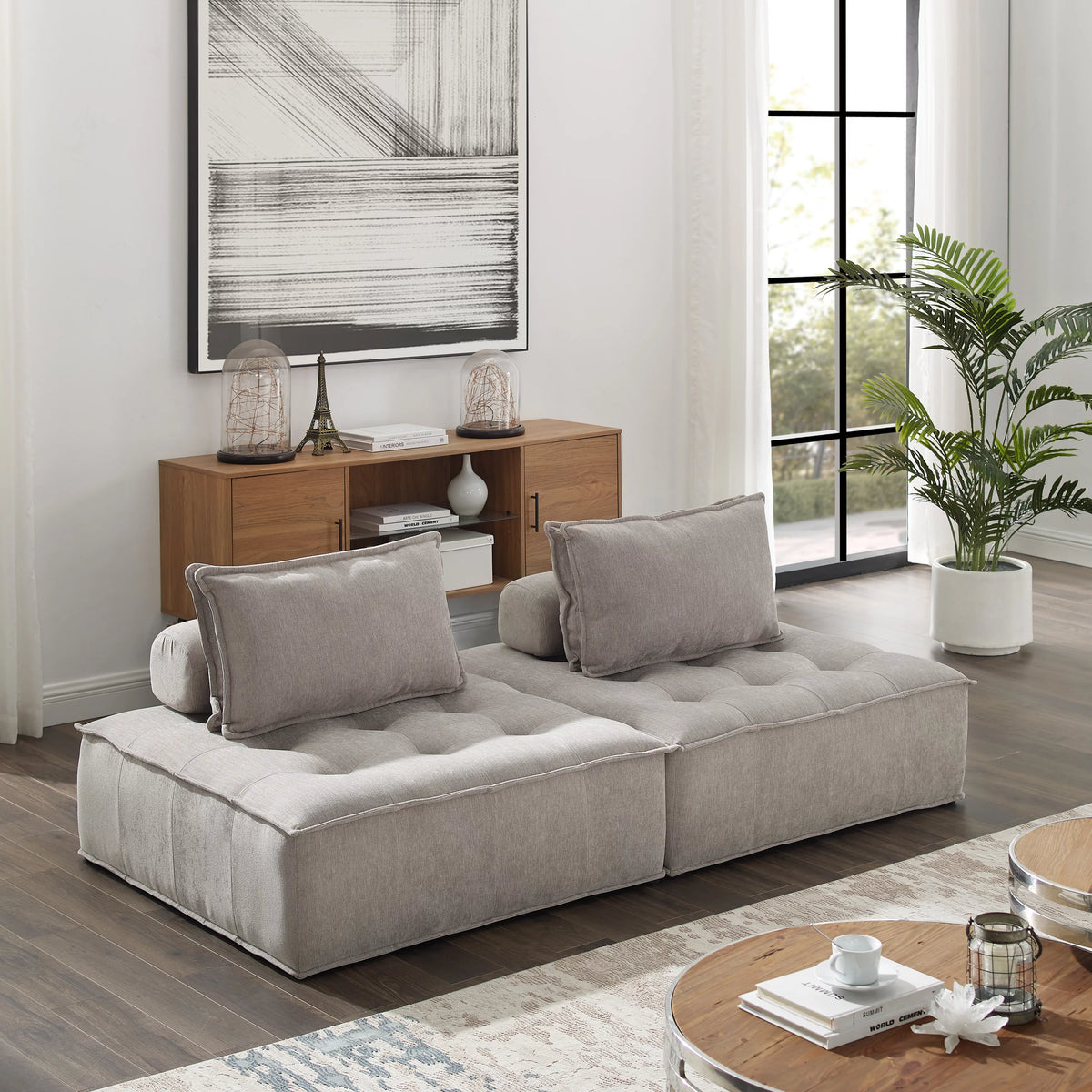 Beige Fabric Button Tufted Sectional Sofa T9728