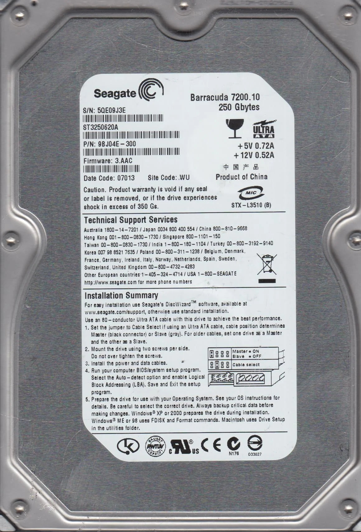 250GB IDE 3.5 Hard Drive J563