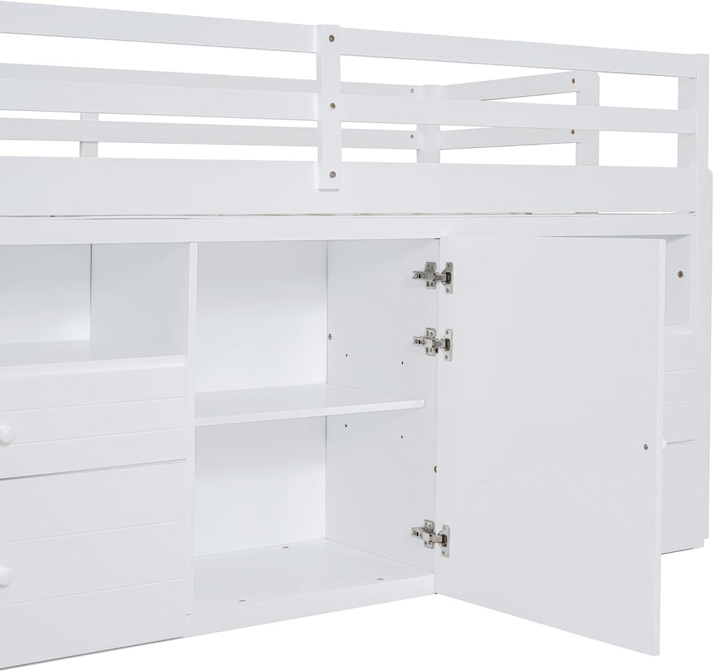White Wooden Twin Size Loft Bed with 4 Drawers D1413