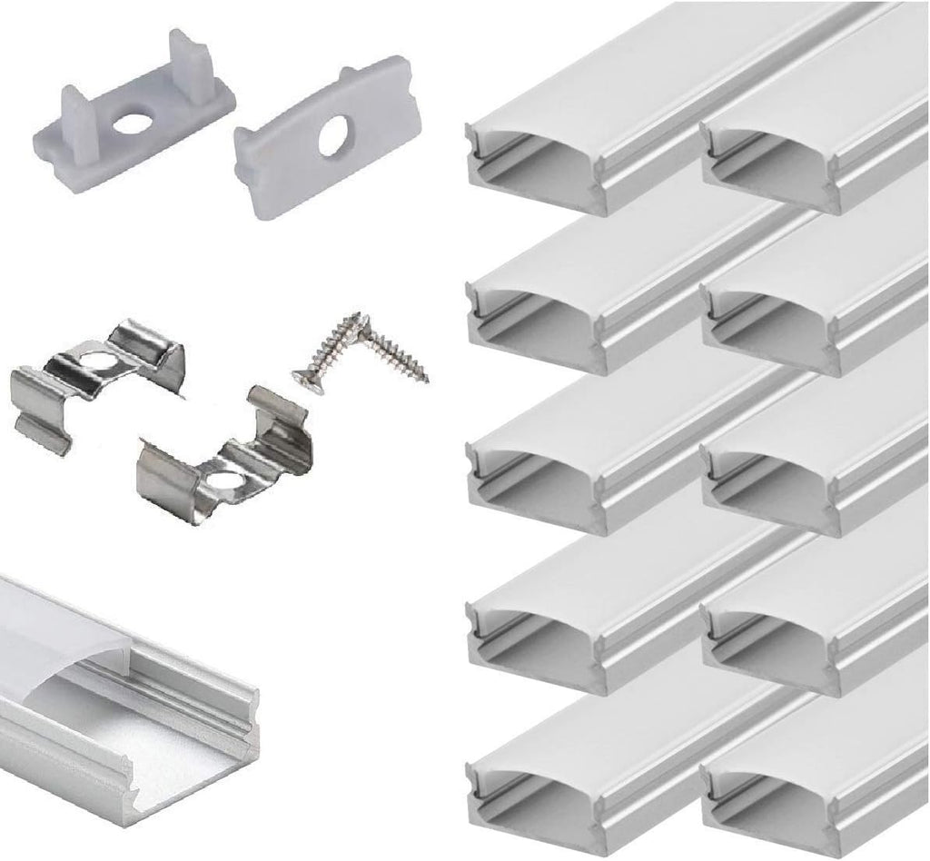 10-Pack 6.6ft U Shape LED Aluminum Channel System with Milky Cover, End Caps and Mounting Clips B905792