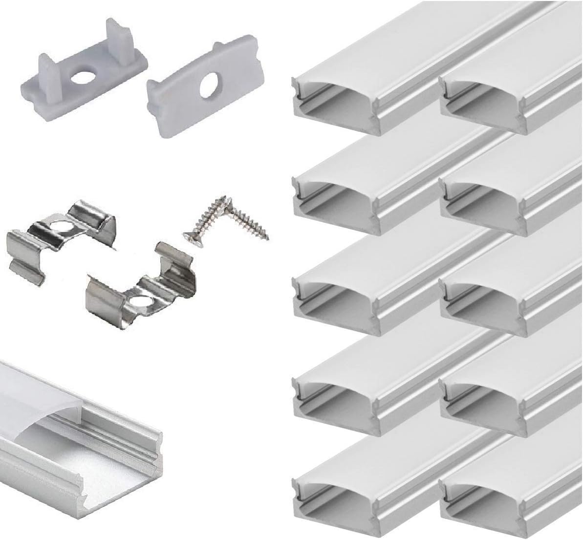 10-Pack 6.6ft U Shape LED Aluminum Channel System with Milky Cover, End Caps and Mounting Clips B905792