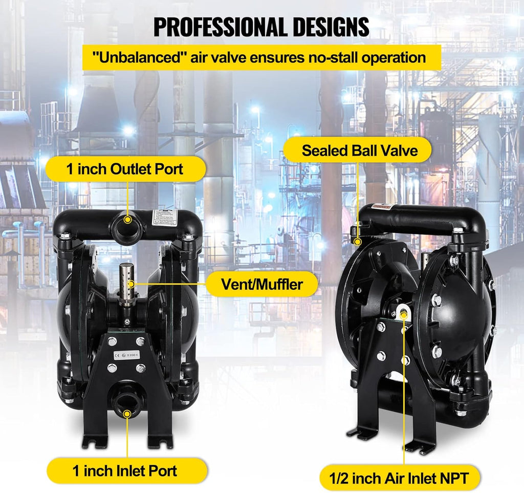 Air-Operated Double Diaphragm Pump 1 inch Aluminum 35 GPM Max 120PSI T3456