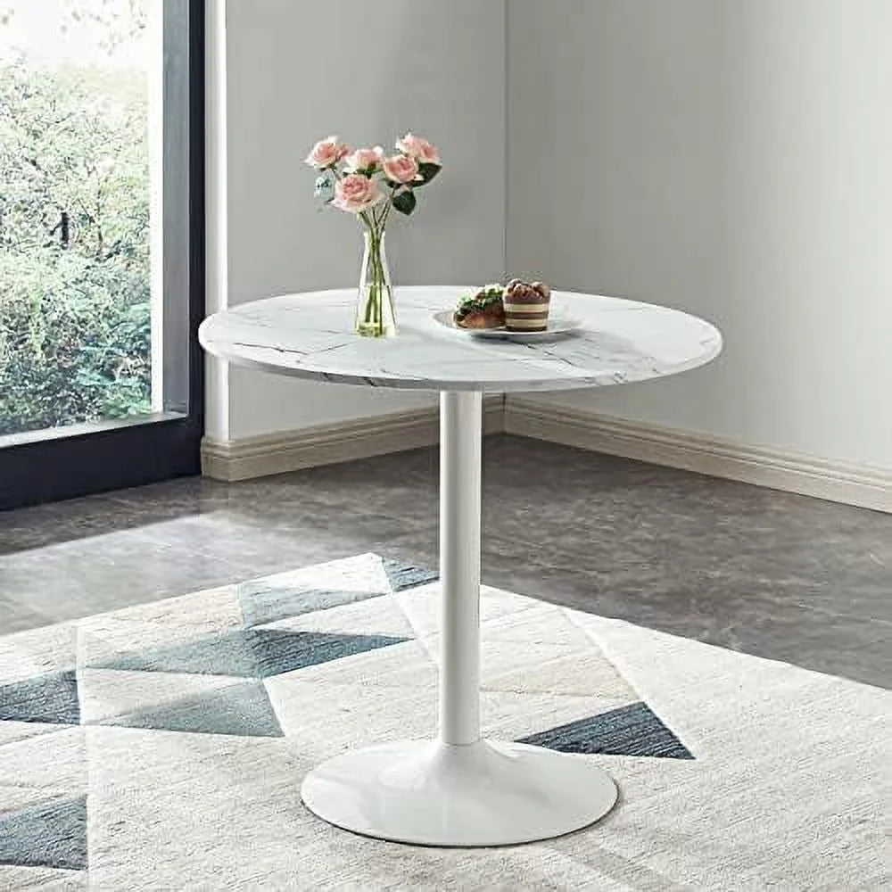 White Round Dining Table with Faux Marble Top H4794