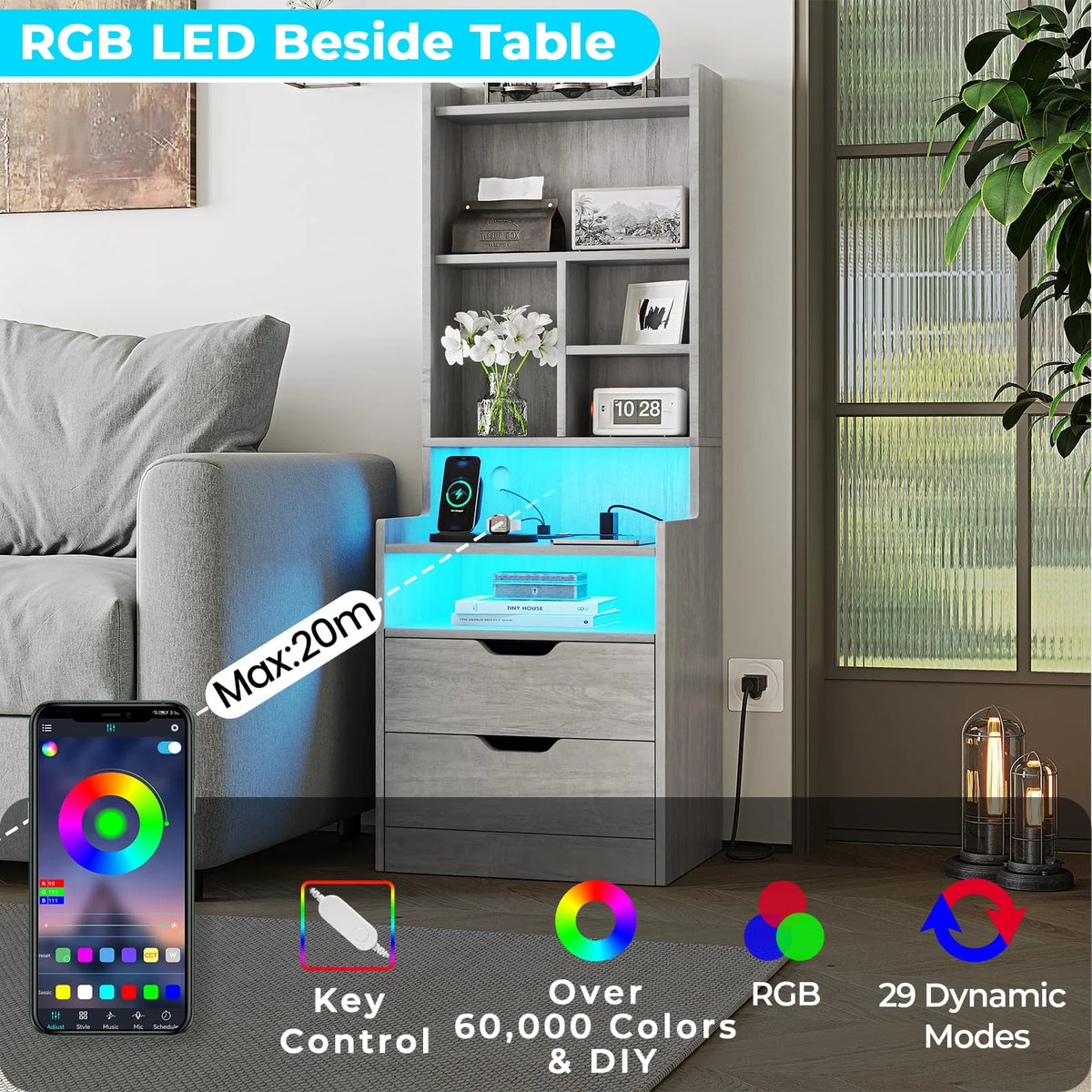 Set of 2 Gray Nightstand with Charging Station and 2 Drawers R78036