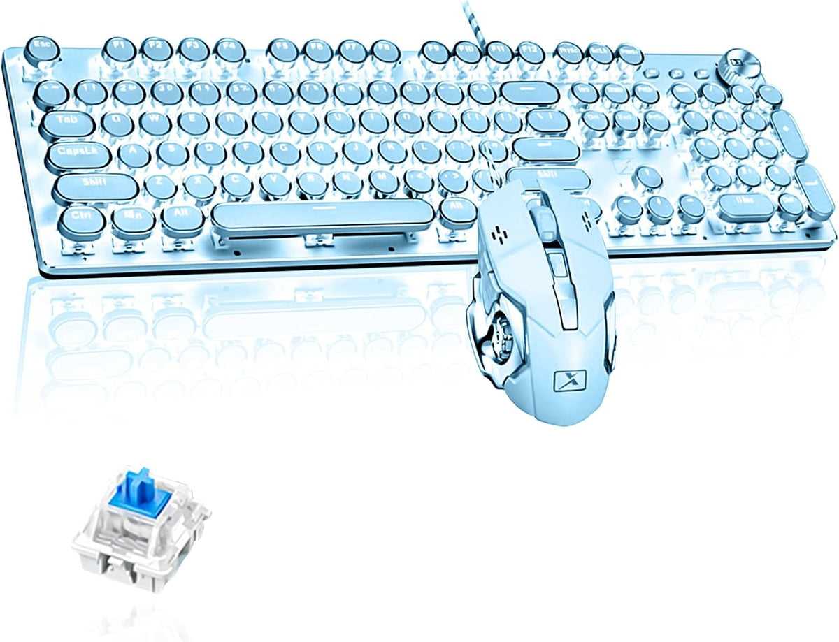 Pink Retro Typewriter-Style Wired Mechanical Keyboard with Mouse J488915