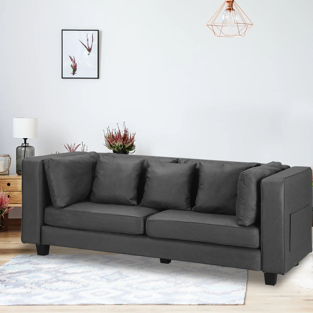 Grey Faux Leather Sofa with 5 Pillows C949