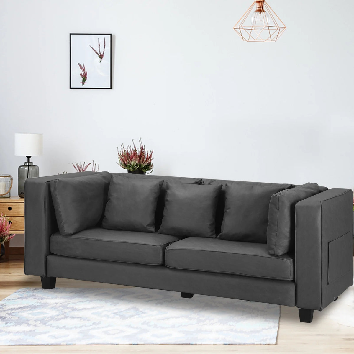 Grey Faux Leather Sofa with 5 Pillows C949