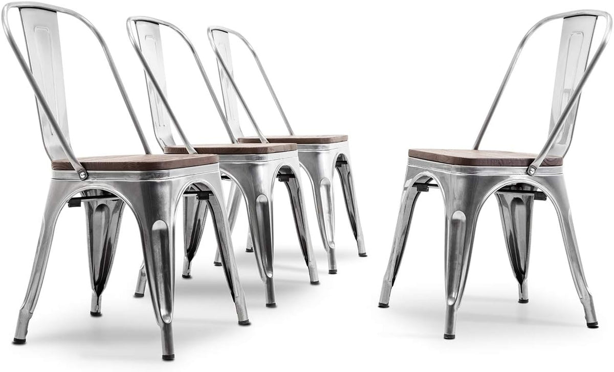 Set of 4 Stackable Metal Dining Chairs with Wood Seat R9421