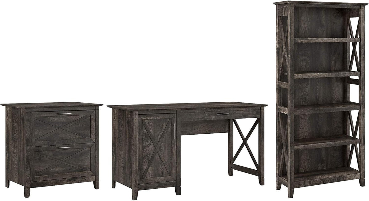 54W Reclaimed Pine Computer Desk with 2 Drawer File Cabinet and 5 Shelf Bookcase H11128