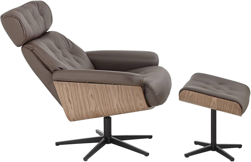 Chocolate Tufted Faux Leather Swivel Recliner and Slanted Ottoman L719924